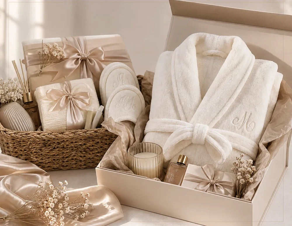 Coffret avec peignoir brodé, chaussons et bougie